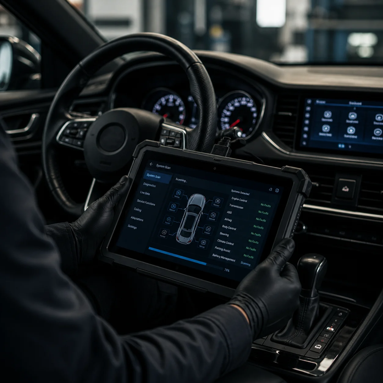 Diagnostic tablet connected to a vehicle