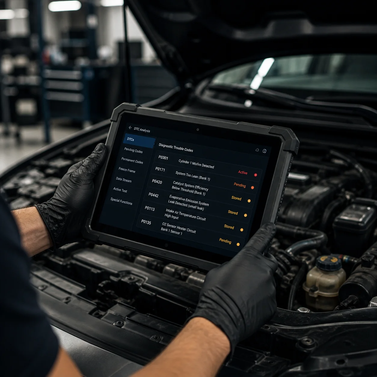 Mechanic reviewing diagnostics on a laptop